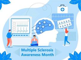 Multiple sclerosis awareness month event in March. Anatomical science of brain and senses diseases for website. Tiny doctors treat sclerotic. vector