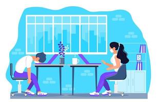 Office concept vector. Employees are siting, working on the laptops and wearing medical mask. Completion of the corona-virus quarantine. Precautions for managers, workers vector