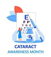 El mes de concientización sobre las cataratas se celebra en junio. problemas de glaucoma y nefropatía. ilustración del concepto de oftalmólogo. chequeo de la vista con el personaje de personas diminutas para la web. vector