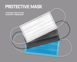 ilustración de máscaras quirúrgicas aislada en el fondo gris. mascarilla protectora para médicos y personas. elementos médicos preventivos negros, blancos y azules. vector