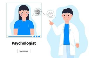 vector de concepto de psicólogo en línea. joven humano depresivo recibe consulta de psicología profesional. depresión, tristeza, ilustración de salud mental en estilo plano. en línea, servicio de ayuda