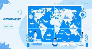 Atlas with metrics, compass, and oceans concept vector. Geographers study earth. Geography online and topography research illustration. Teacher in front of map in school vector