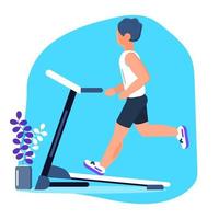 Man runs on the treadmill in gym. Activity, fitness, losing weight program vector in flat style. Running and jogging concept.