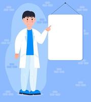 Smiling young doctor or scientist shows his hand on blank board, paper, poster. Copy space for add text, medical information concept vector. Laboratory lesson in empty white board vector