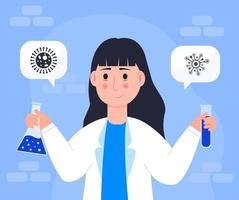 Scientist woman in lab. Girl in white coat, chemical researcher is holding tube. Virologist concept vector. Microbiologist is creating vaccine in laboratory, science experiment vector