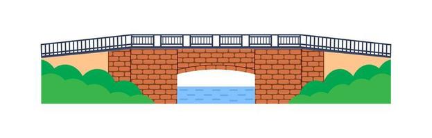 vector de puente de piedra. elemento de arquitectura de la ciudad y construcción de puentes a través del río con calzada aislada y linternas en un paisaje colorido