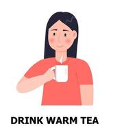 Drink warm tea illustration. Girl is ill, taking cup and drinking hot tea for prevention of flu, influenza. Health care icon vector