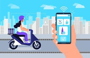 Food delivery concept vector. Screen of smartphone with tracking app. Delivery woman is driving motorbike with a fresh meal. Restaurant food order online vector