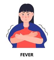 High fever of girl icon vector. Flu, cold, coronavirus symptom is shown. Woman is feverish and taking thermometer. Infected person illustration. Respiratory disease vector