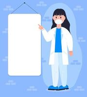 Smiling young doctor or scientist shows his hand on blank board, paper, poster. Copy space for add text, medical information concept vector. Laboratory lesson in empty white board vector