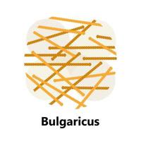 bacterias probióticas. lactobacillus, logotipo de bulgaricus con texto. se muestran símbolos amorfos para productos lácteos como yogur, acidophilus. se muestran lactococcus, propionibacterium. vector