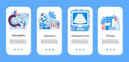 Pancreas doctors examine, make ultrasound. Tiny therapist looks through magnifying glass. Health care flat concept for app, web, flyer. Chronic problems endocrine systems. vector