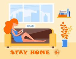 Coronavirus prevention concept vector. Girl is sitting on the sofa, chatting and asking that everybody stays at home. Social campaign and support people vector