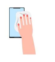 Smartphone cleaning icon vector. Hand is wiping screen of phone. Antibacterial wet wipe is helping to prevention virus spreading