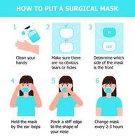 Girl is putting on mask to prevent virus. Illustration of steps, how to wear surgical mask. Instruction vector of cleaning hand