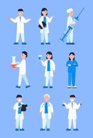 Cartoon doctors set vector for web, app. Therapist, surgeon, scientist are shown. Nurse is carrying large syringe. The doctor wears a mask and writes medical history. Medical stuff