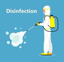 Disinfectant worker is wearing protective mask and suit. Man is carrying gas cylinder for disinfection of area. Toxic and chemicals protection vector. Spraying of antiseptic or sanitize vector