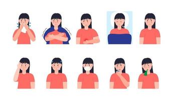 Sick girl coughing, sneezing. Set character vector of cold, flu, sore throat, measles. Illustrations of fever, allergy, headache, vomiting are isolated on white background