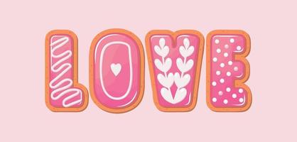 Valentine's day decorated with cookies set of vector illustrations. Icing letters.