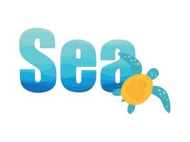 Vector hand drawn illustration with turtle and the word SEA isolated on white background. Vector design elements for t-shirts, bags, posters, cards, labels, fabric, print, textile.