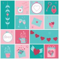 Advent calendar Valentine's Day. The 14th of February. Set of Happy Valentine's Day elements. vector