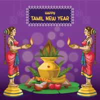 saludos de feliz año nuevo tamil con una niña sosteniendo una escultura de lámpara vector