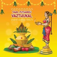 Happy Tamil New Year Greetings with a girl holding lamp sculpture in traditional background vector