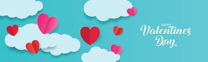 Banner with blue sky and paper cut clouds. Place for text. Happy Valentine's day sale header or voucher template with hearts. Illustrator Vector