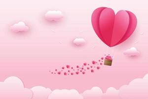 Illustration of love and valentine's day, heart shaped balloon with many small hearts floating in the sky. Paper art and digital craft patterns vector