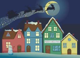 Santa on reindeer flies over houses at night vector