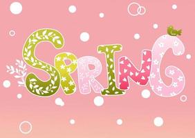 postal de primavera. Letras de primavera escritas a mano con adornos decorativos sobre un fondo rosa. ilustración estacional. dibujos para postales o felicitaciones vector