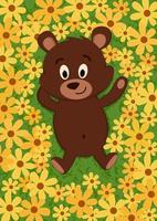 el oso de peluche marrón yace en flores amarillas vector