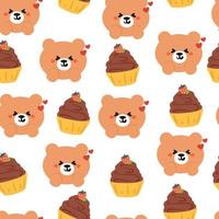 dibujo a mano de patrones sin fisuras oso de dibujos animados y cupcake. dibujo animal para textil, estampado de tela, papel de regalo vector