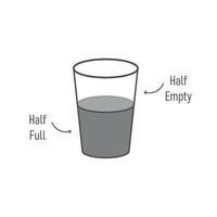 Pessimist and optimist concept. Glass of water half empty of half full. Positive and negative thinking.  Line icon with lettering. Vector illustration