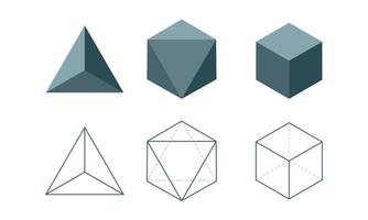 3D Platonic solid icon and line shapes concept. Math geometric figures. Triangular pyramid Cube Icosahedron. Vector illustration