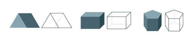 figuras geométricas 3d. juego de prismas de líneas matemáticas y geométricas. poliedro. Prisma rectangular triangular pentagonal. ilustración vectorial vector