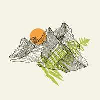 Mountains, sun and fern line art vector print. Vector illustration for textile prints, cards, design,logo. Vector illustration