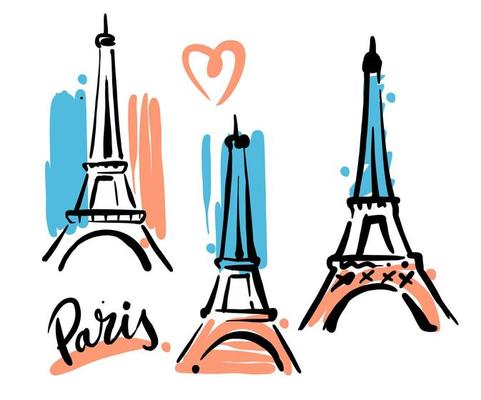 Eiffel tower hand drawn sketch with flag.
