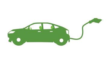Vector or Illustration object icon of  Electric car. Green color with cable of electric plug the back of the car. On isolated white background.