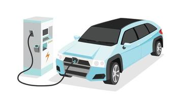 Electric Vehicle suv or ev-car charging parking at the charger station with a plug in cable.  Charging in the front of car to battery. Isolated flat vector illustration on white background.