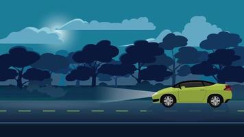 viaje de coche deportivo de color amarillo conduciendo por la carretera asfaltada en la noche. enciende los faros y la luz golpea el suelo. fondo de bosque de árboles bajo el cielo nocturno con luna y nubes. vector