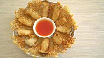 deep fried Enoki mushroom and King Oyster mushroom with spicy dipping sauce - vegan food style