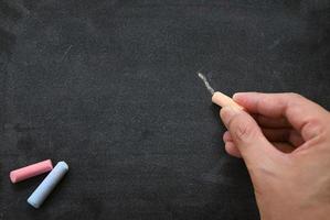 pizarra oscura o pizarra con textura de pizarra horizontal y pancarta tiza en la mano está escribiendo y dibujando para la educación en el fondo de la pizarra escolar foto