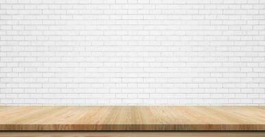 Empty wooden table top, counter or shelf on white brick wall background, For food display banner, backdrop.