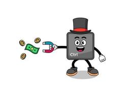 ilustración de personaje del botón de control del teclado atrapando dinero con un imán vector