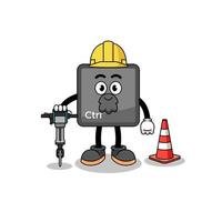 caricatura de personaje del botón de control del teclado que trabaja en la construcción de carreteras vector