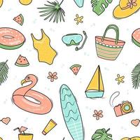 Summer seamless pattern with pink flamingo inflatable circle, surfboard, camera, palm leaves. Vector doodle background.