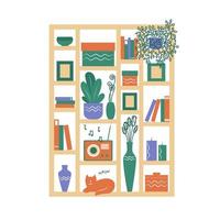 shelf with books, flowers, vases, a radio, a cat. Interior of the living room. Vector illustration.