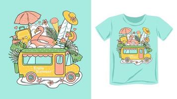 Original summer print on a Tshirt, hoodie. Travel to the sea by bus. Enjoy the summer. Vector illustration.