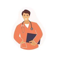 A man is a young doctor with a stethoscope. Health care. Vector illustration.